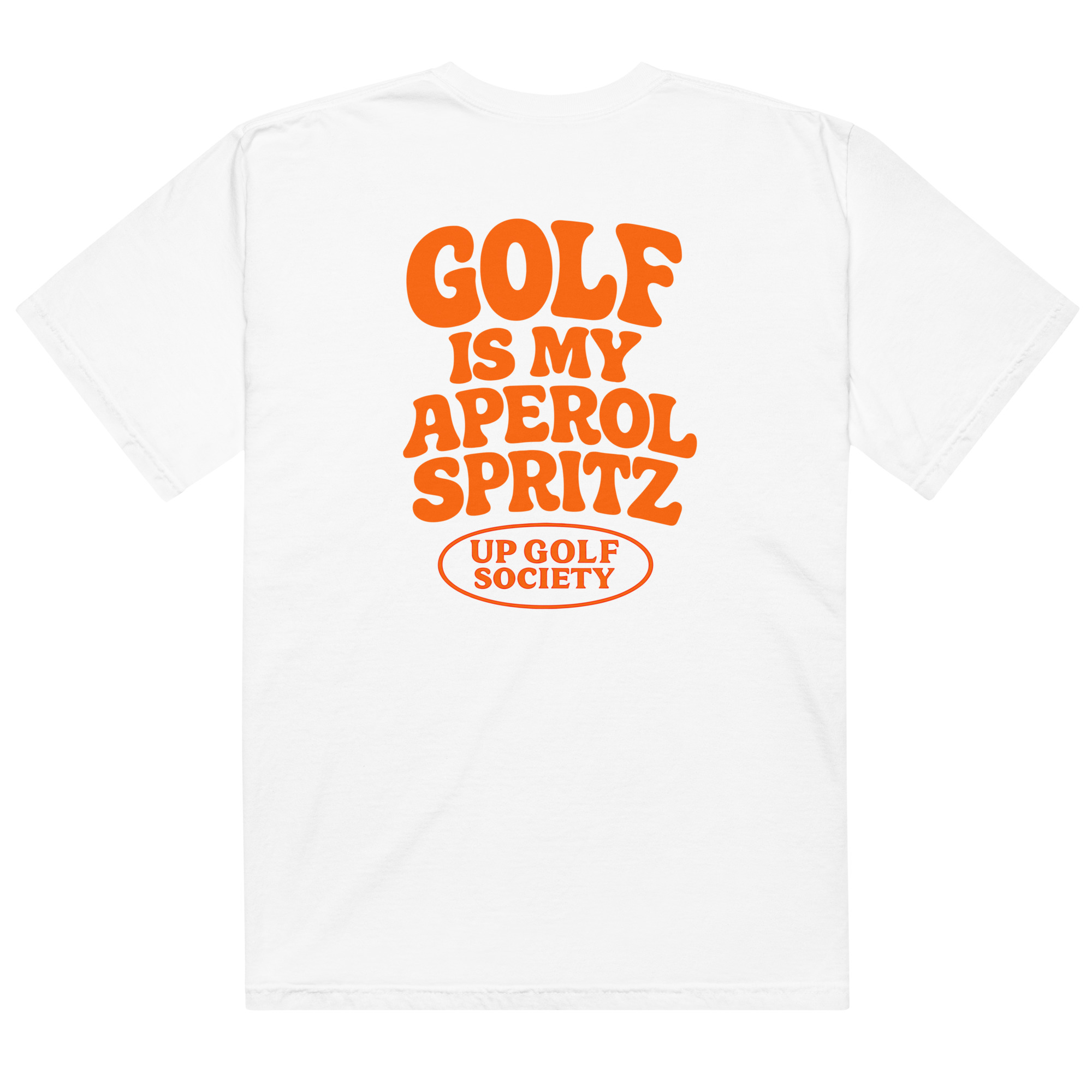 T-shirt golf humour Golf Is My Aperol Spritz UP Golf Society — blanc, print orange