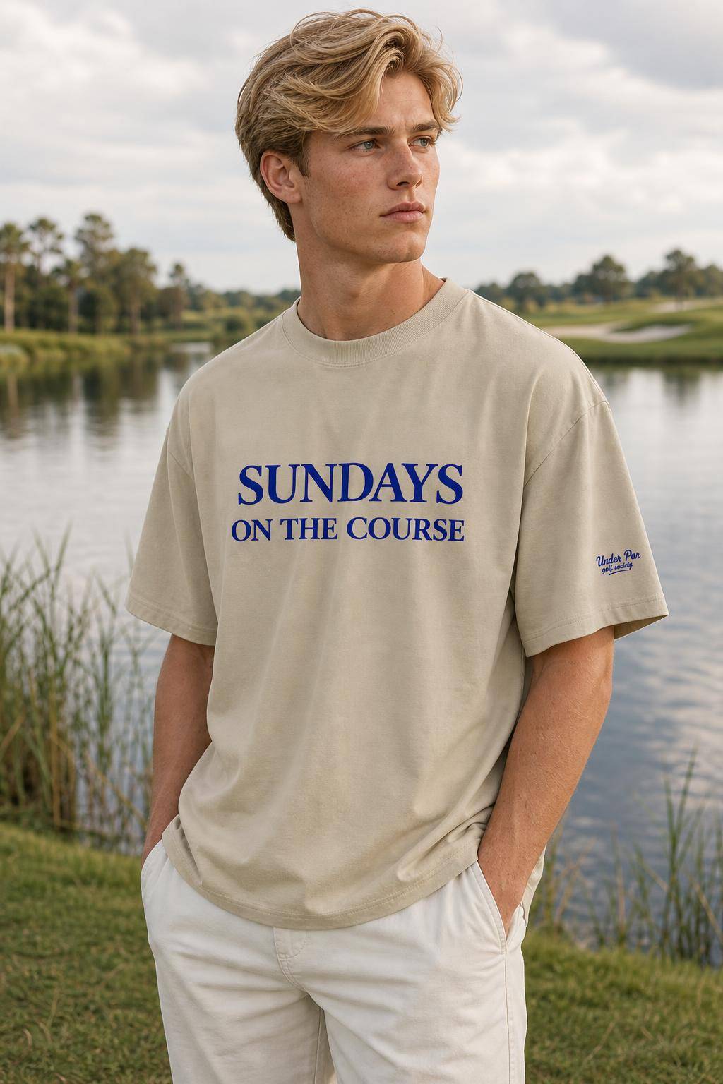 T-shirt Sundays On The Course bleu et sable porté en situation