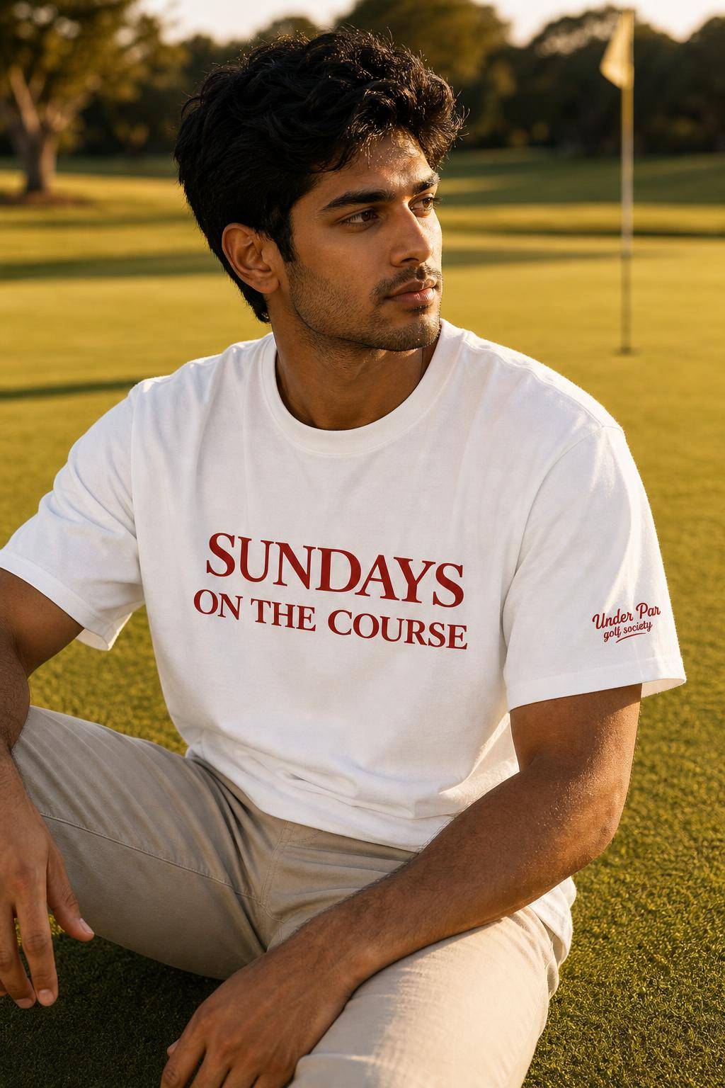T-shirt blanc Sundays On The Course Rouge/Blanc porté en situation.
