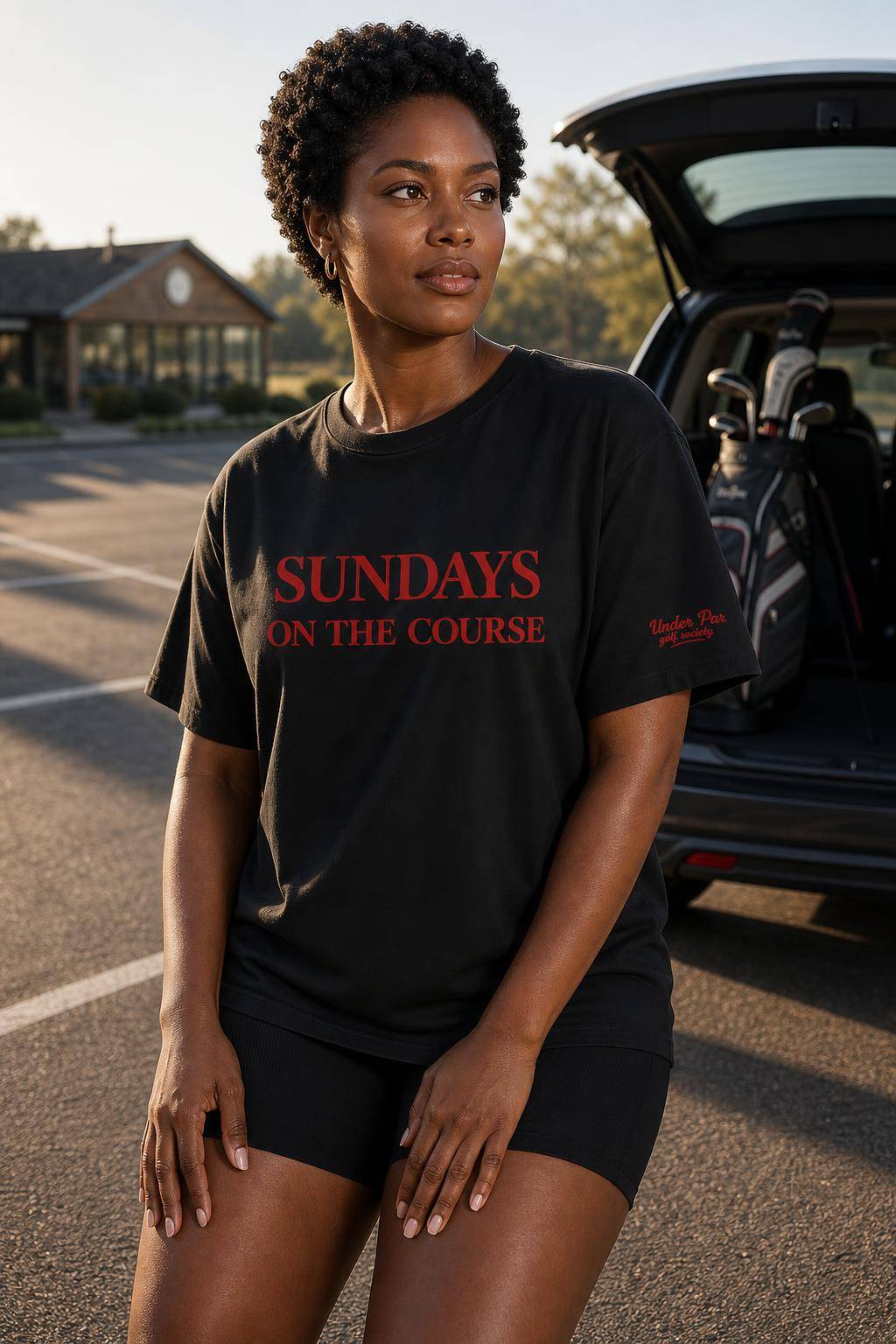 T-shirt noir Sundays On The Course porté en situation
