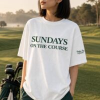 T-shirt blanc Sundays On The Course avec visuel vert, porté en situation