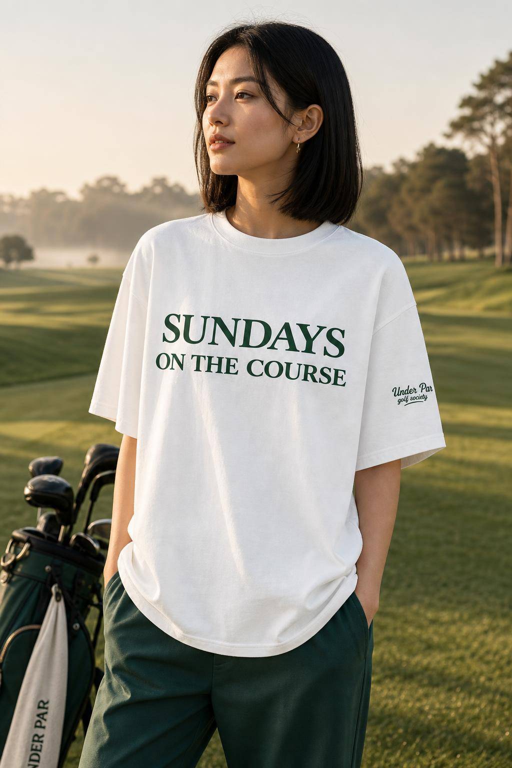 T-shirt blanc Sundays On The Course avec visuel vert, porté en situation