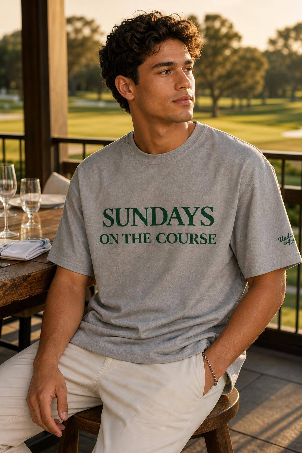 T-shirt Sundays On The Course gris chiné et vert porté en situation