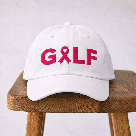 Casquette golf blanche Golf Ruban Rose, broderie GOLF fuchsia et ruban Octobre Rose