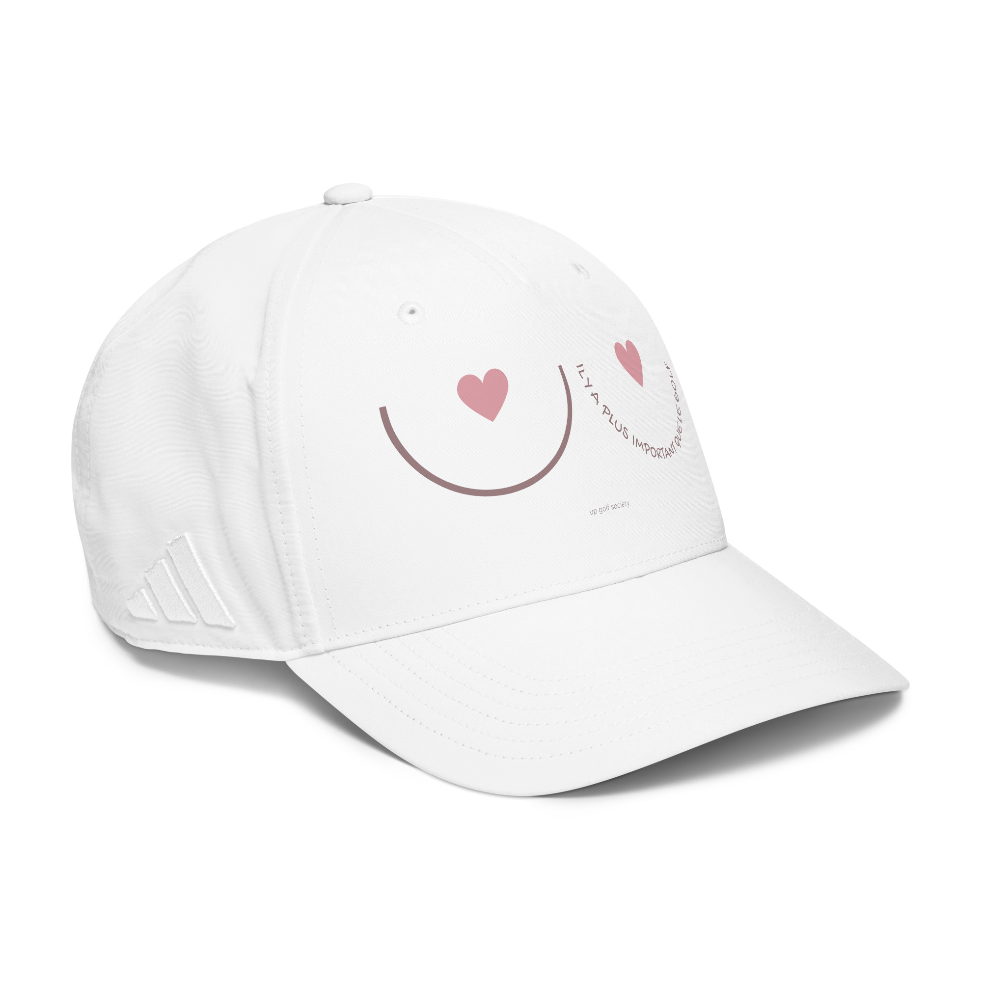 Casquette adidas Octobre Rose blanche UP Golf Society, vue de trois quarts droite, logo adidas