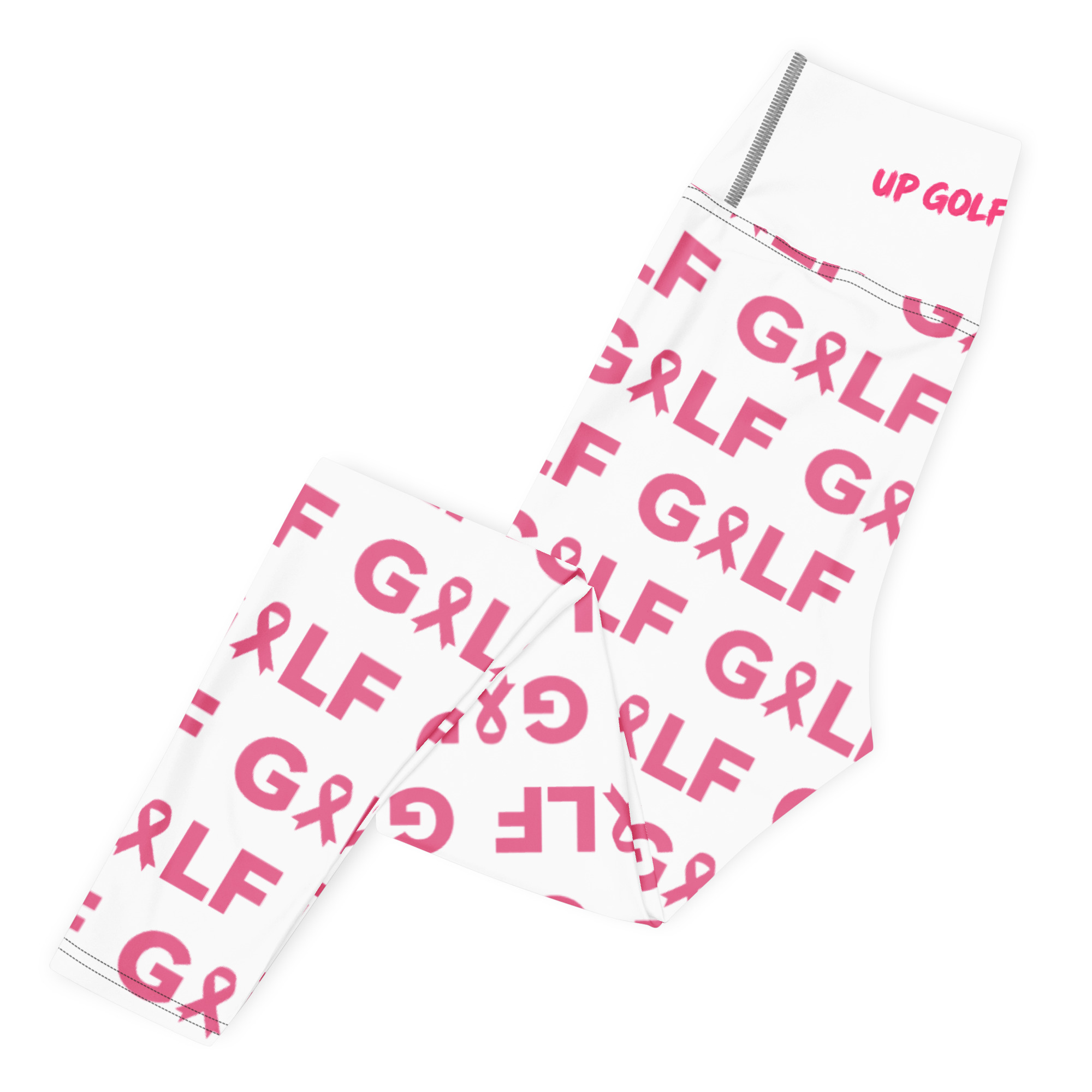 Legging ruban rose Octobre Rose UP Golf Society, détail du motif et de la taille haute, côté gauche