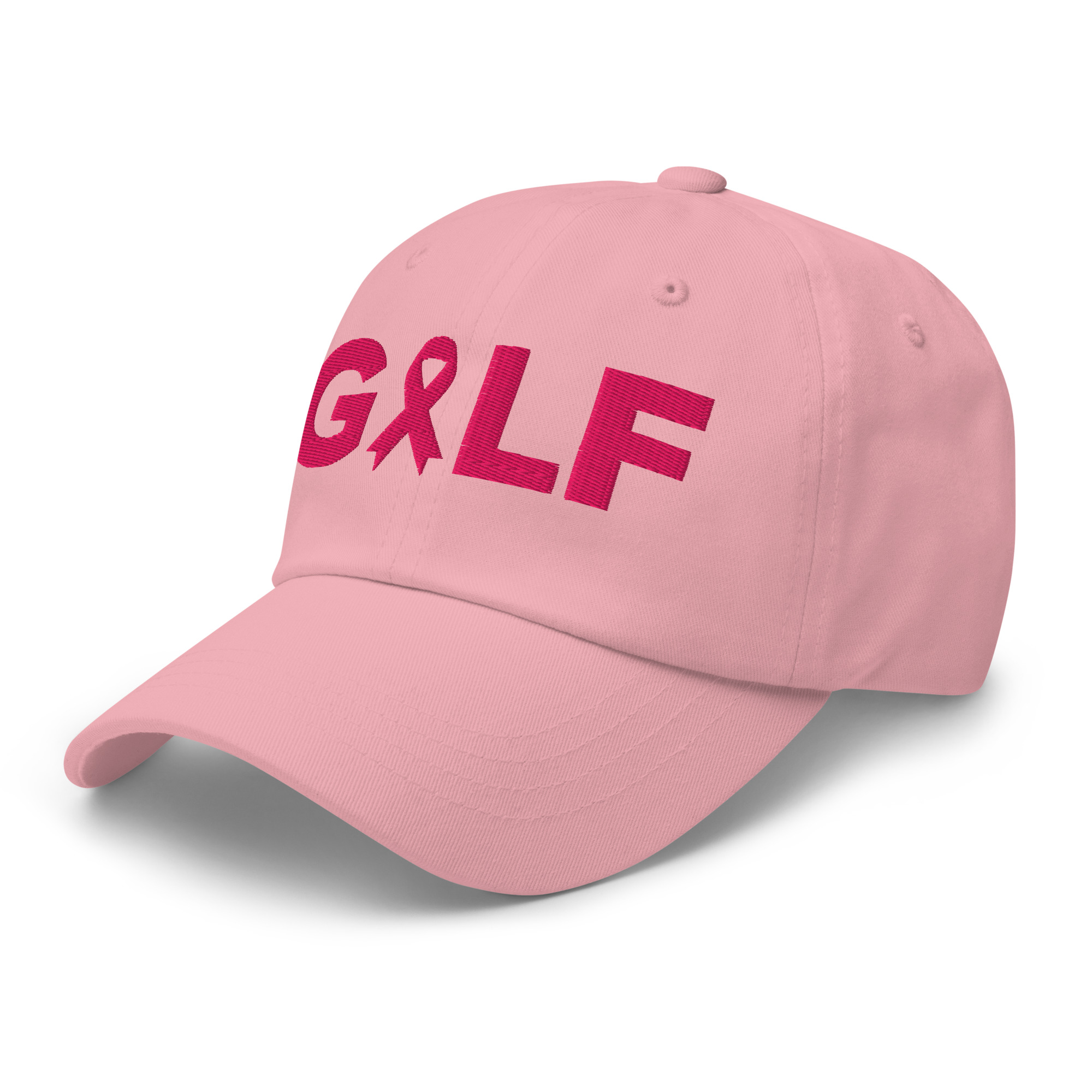 Casquette golf rose brodée ruban Octobre Rose UP Golf Society, vue de trois quarts gauche