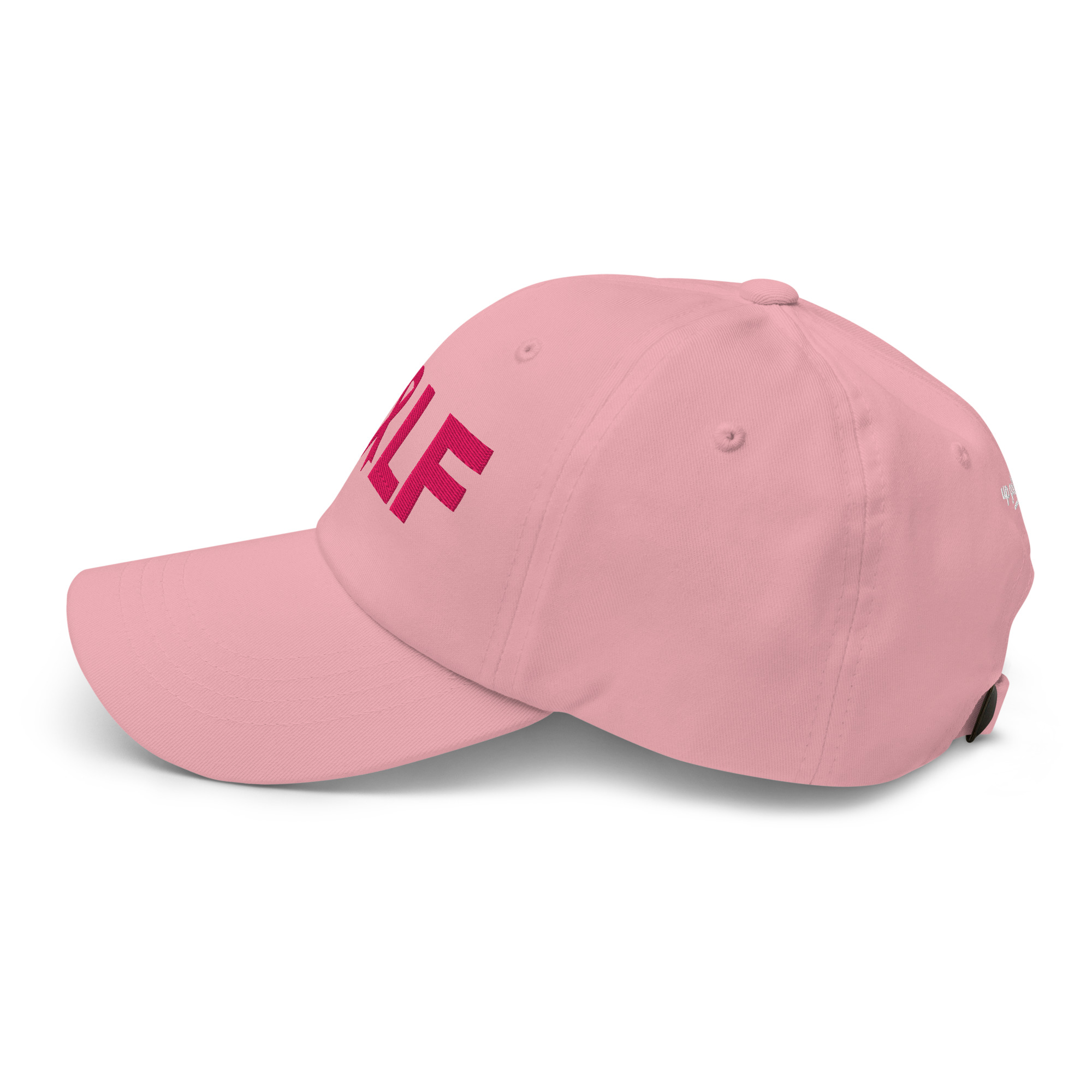 Casquette golf rose brodée ruban Octobre Rose UP Golf Society, vue de profil gauche