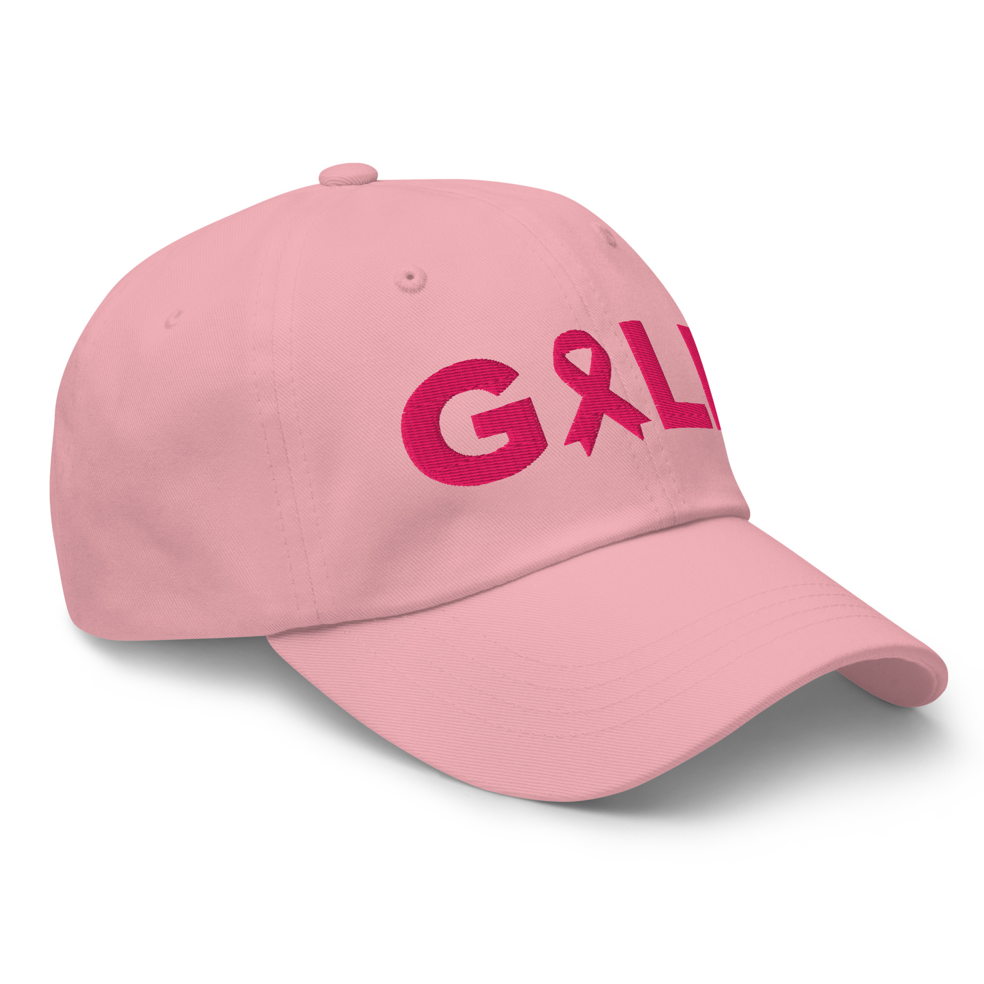 Casquette golf rose brodée ruban Octobre Rose UP Golf Society, vue de trois quarts droit