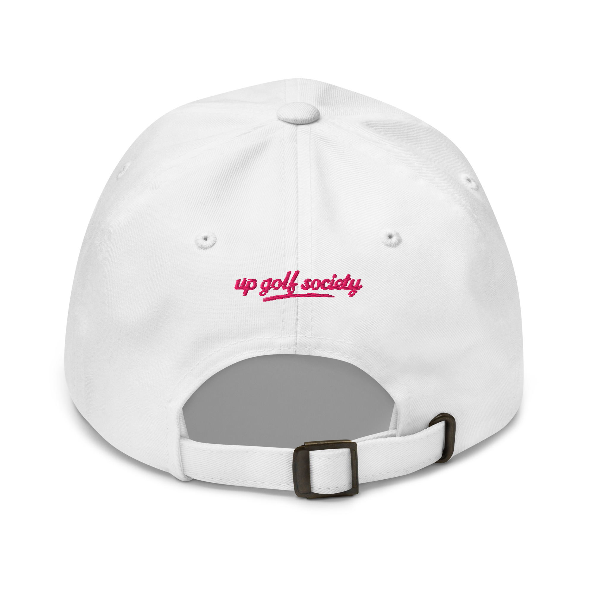 Casquette golf blanche brodée ruban rose Octobre Rose UP Golf Society, vue de dos
