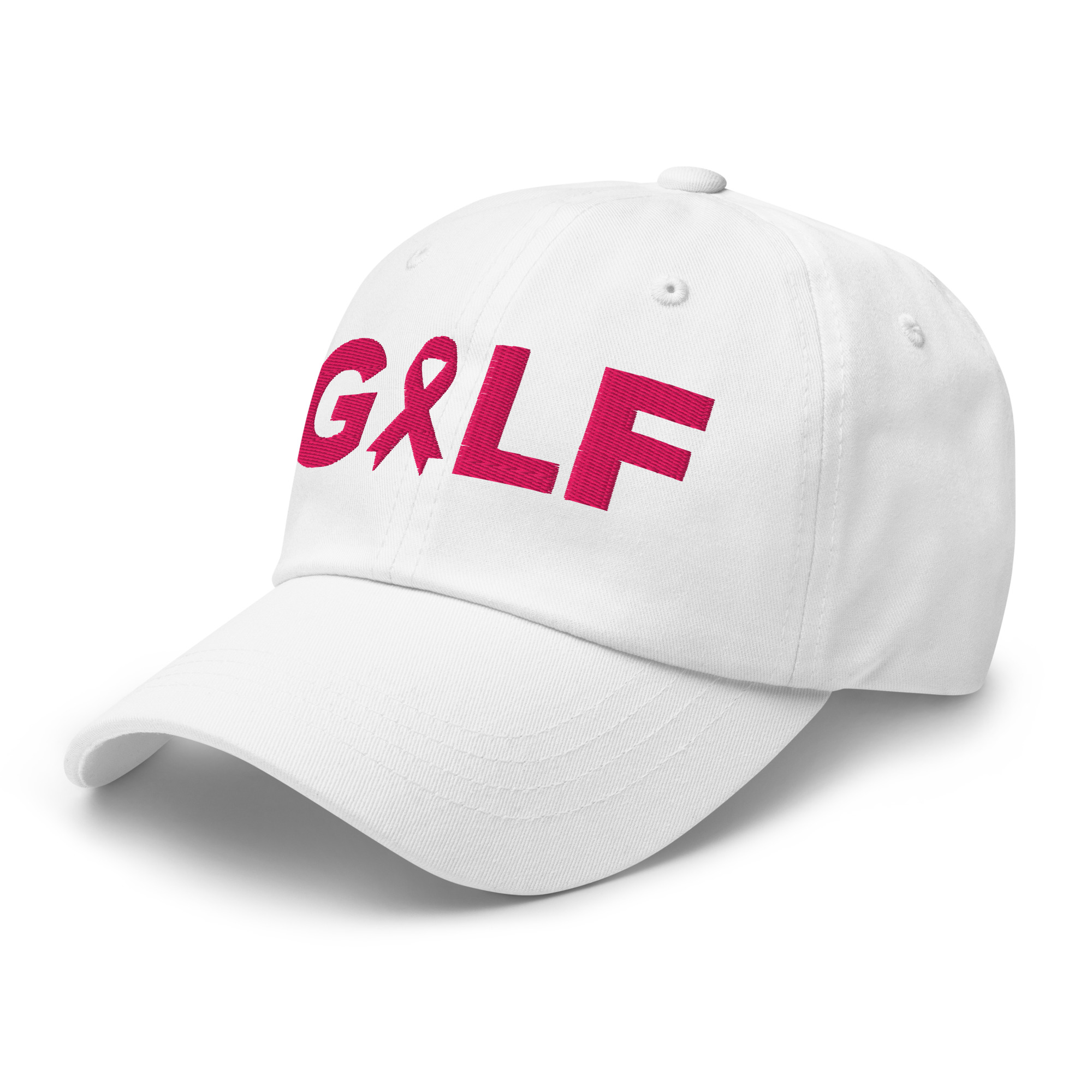 Casquette golf blanche brodée ruban rose Octobre Rose UP Golf Society, vue de trois quarts gauche
