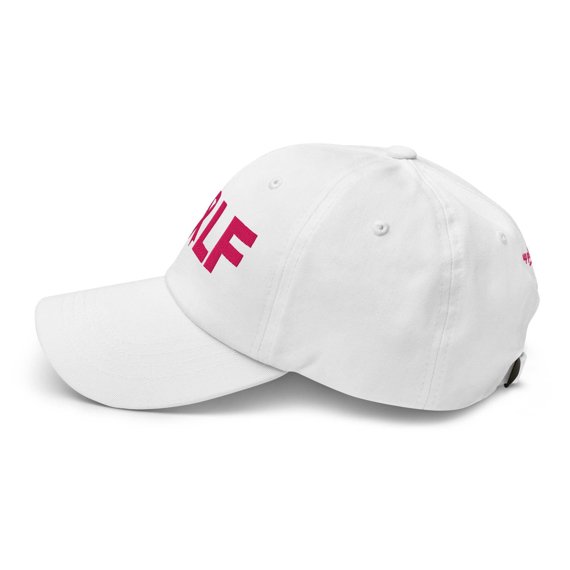 Casquette golf blanche brodée ruban rose Octobre Rose UP Golf Society, vue de profil gauche