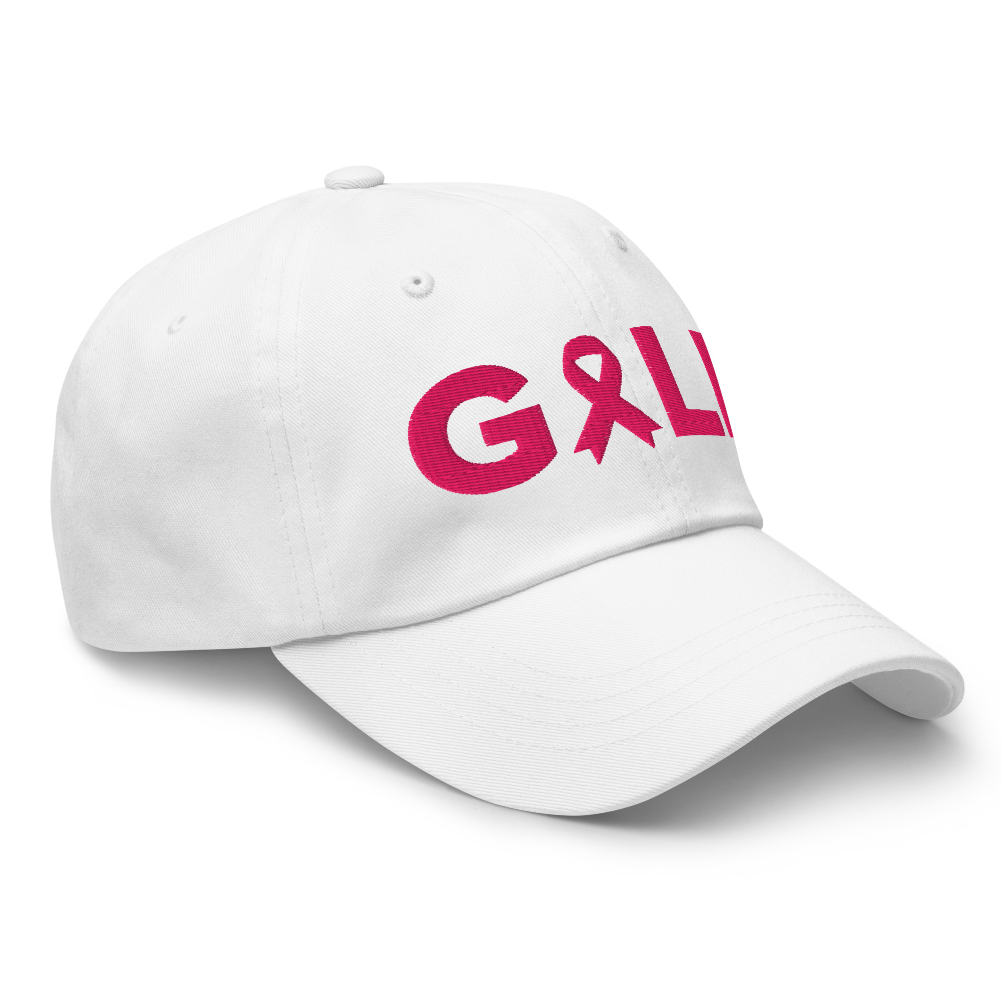 Casquette golf blanche brodée ruban rose Octobre Rose UP Golf Society, vue de trois quarts droit