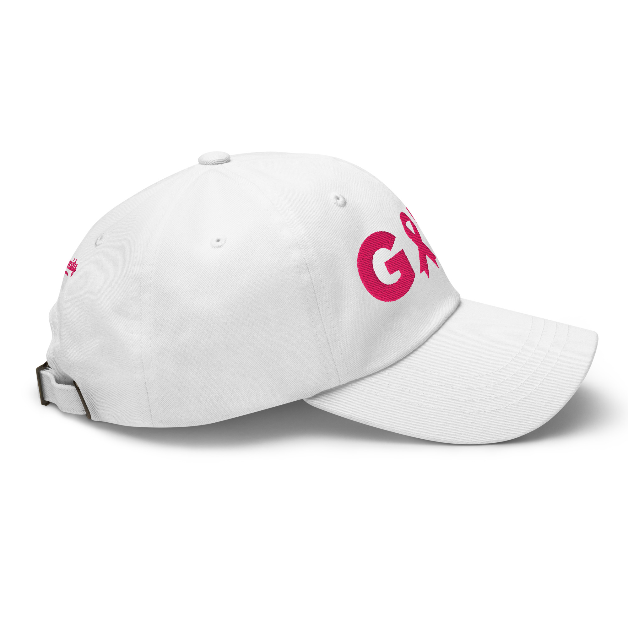 Casquette golf blanche brodée ruban rose Octobre Rose UP Golf Society, vue de profil droit
