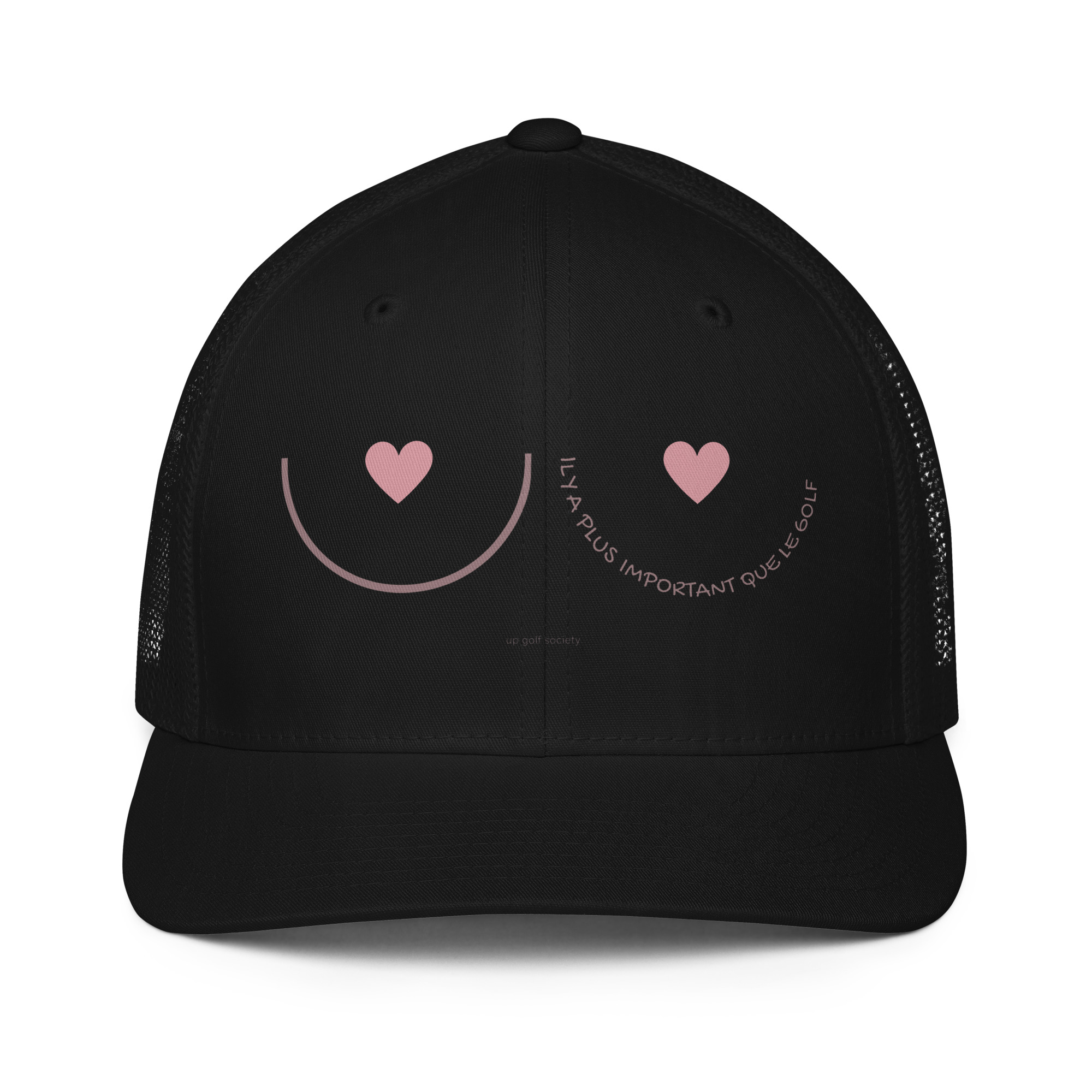 Casquette trucker Octobre Rose noire UP Golf Society, vue de face