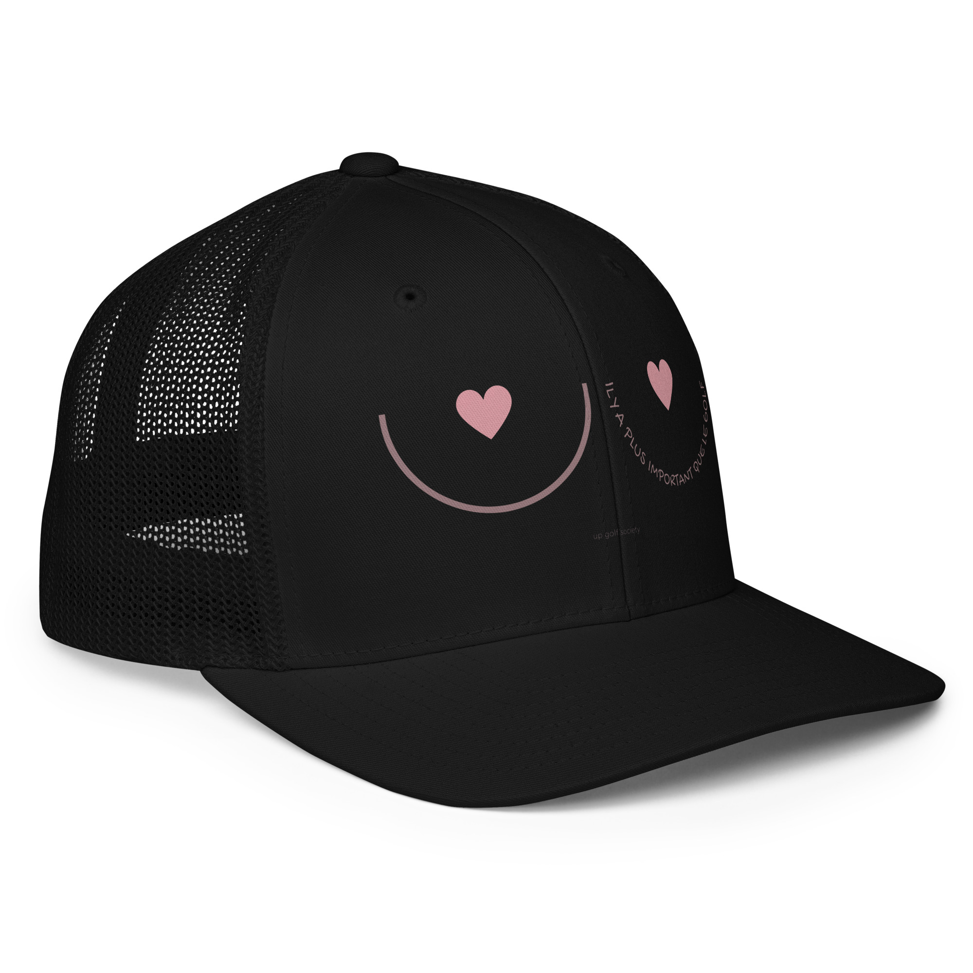 Casquette trucker Octobre Rose noire UP Golf Society, vue de trois quarts