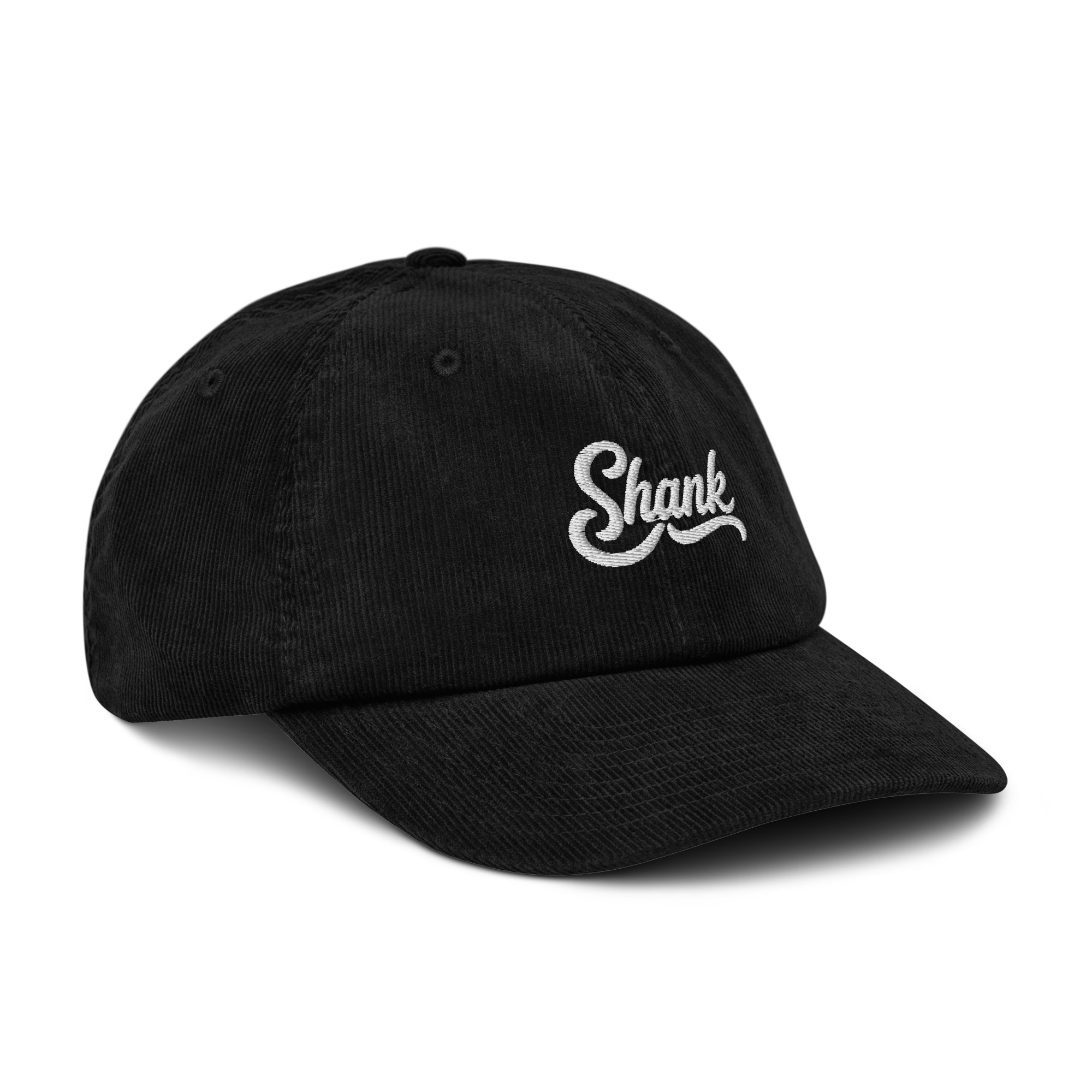Détail de la casquette noire en velours côtelé Shank