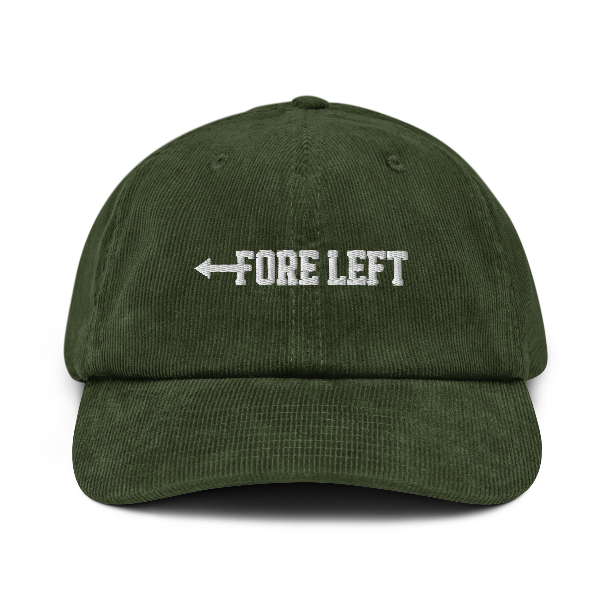 Casquette Fore Left vert olive en velours côtelé portée en situation