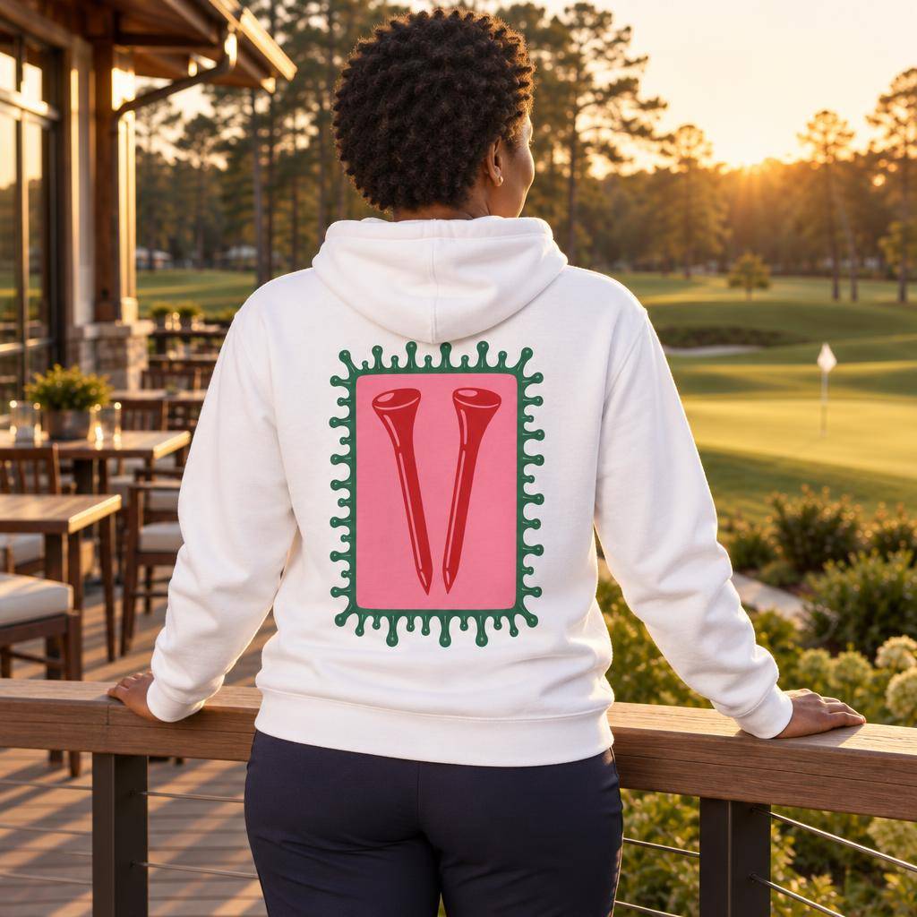 Hoodie blanc Octobre Rose Golf Ruban Rose UP Golf Society, porté de dos sur la terrasse du club-house à l'heure dorée, tees de golf en V