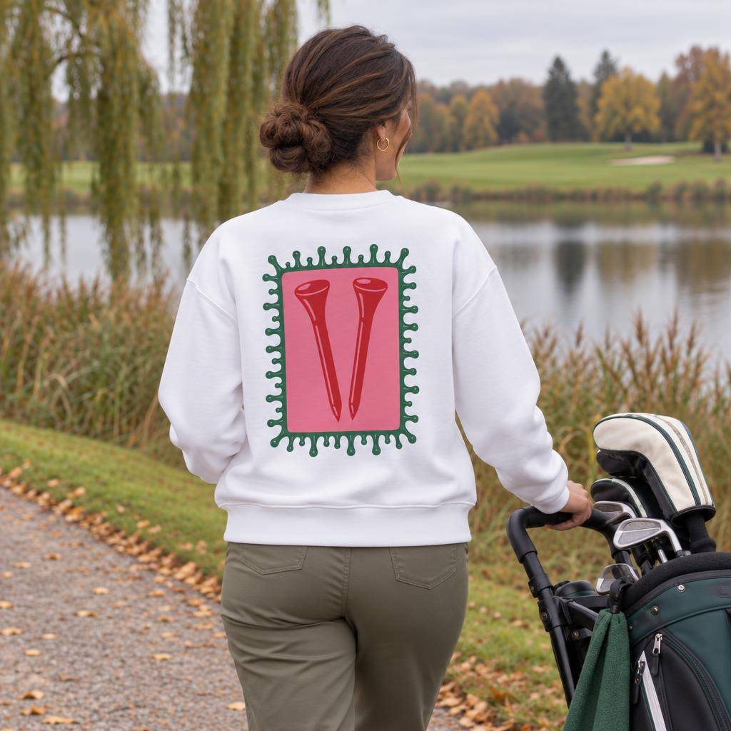 Sweat blanc Octobre Rose Golf Ruban Rose UP Golf Society, porté de dos au bord du lac du parcours, chariot de golf à la main, tees de golf en V