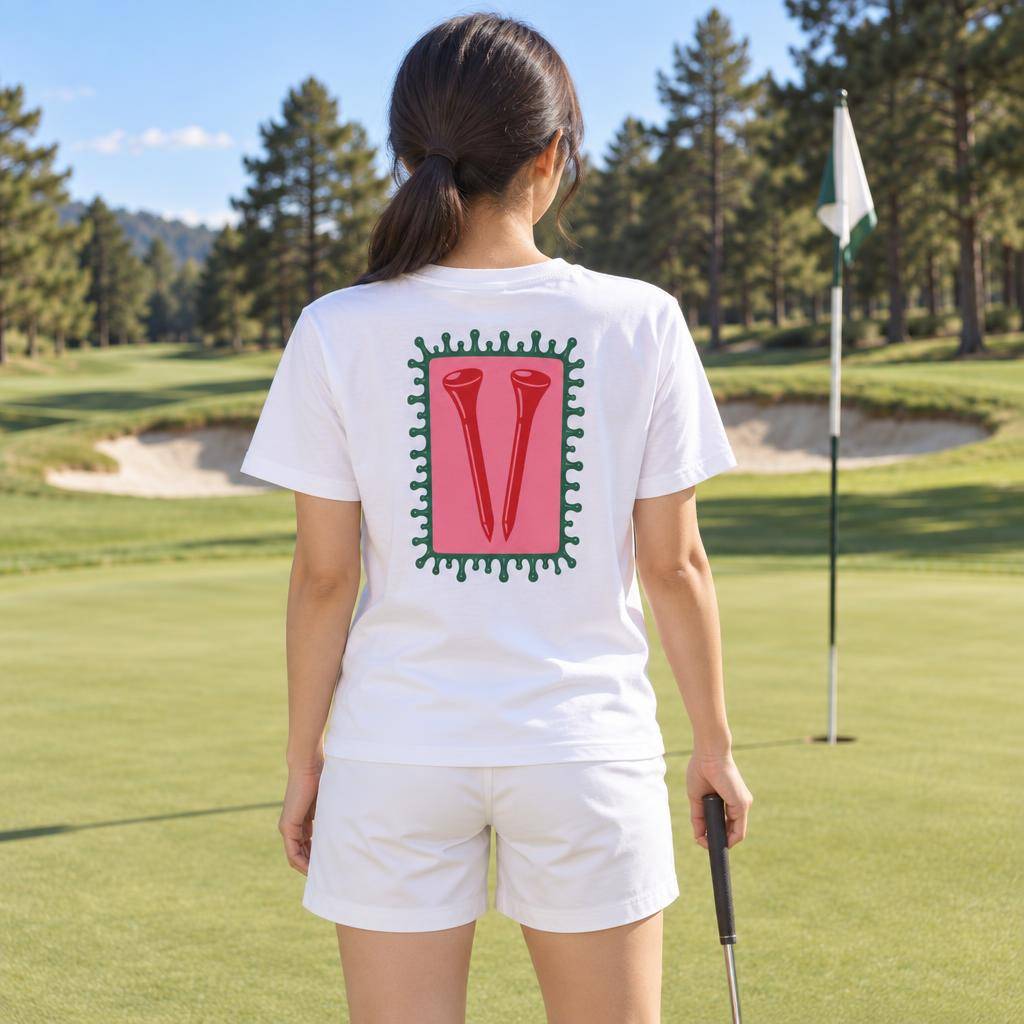 T-shirt blanc Octobre Rose Golf Ruban Rose UP Golf Society, porté de dos sur un putting green ensoleillé, tees de golf en V
