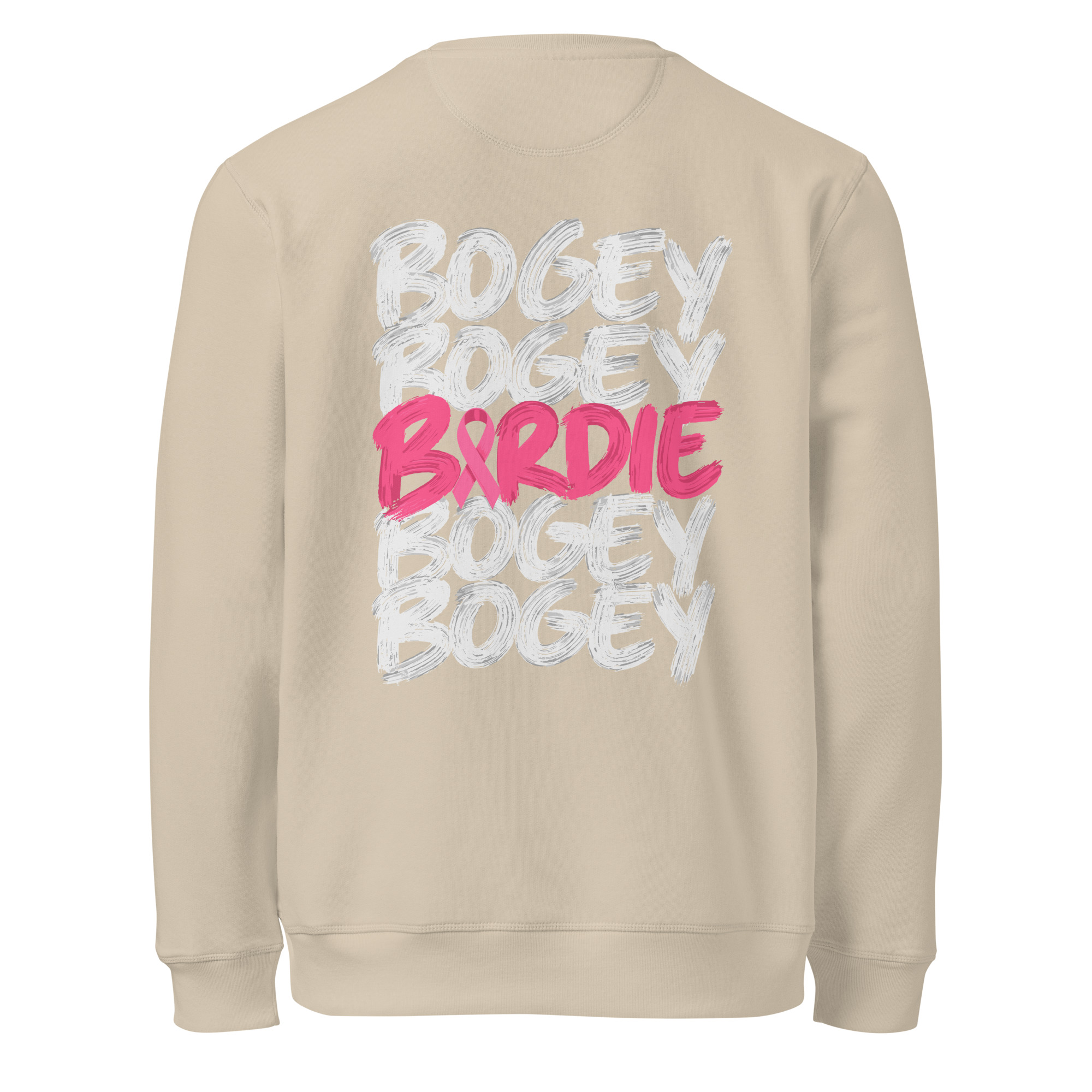 Dos du sweat sable Octobre Rose, lettrage Bogey Bogey Birdie et ruban rose