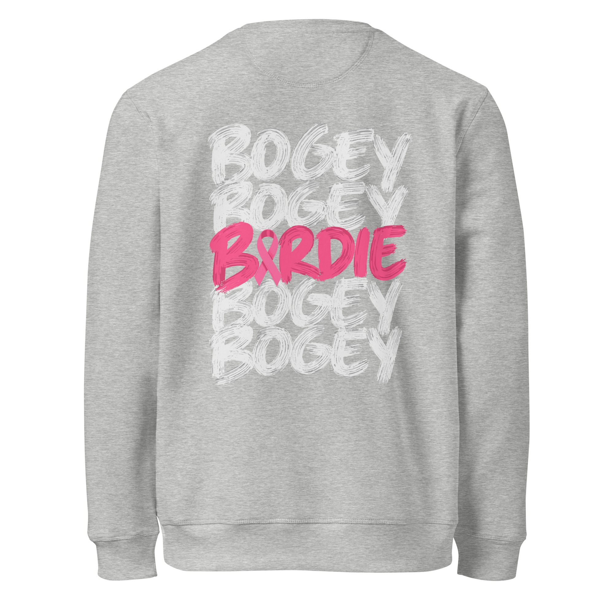 Dos du sweat gris Octobre Rose, lettrage Bogey Bogey Birdie et ruban rose
