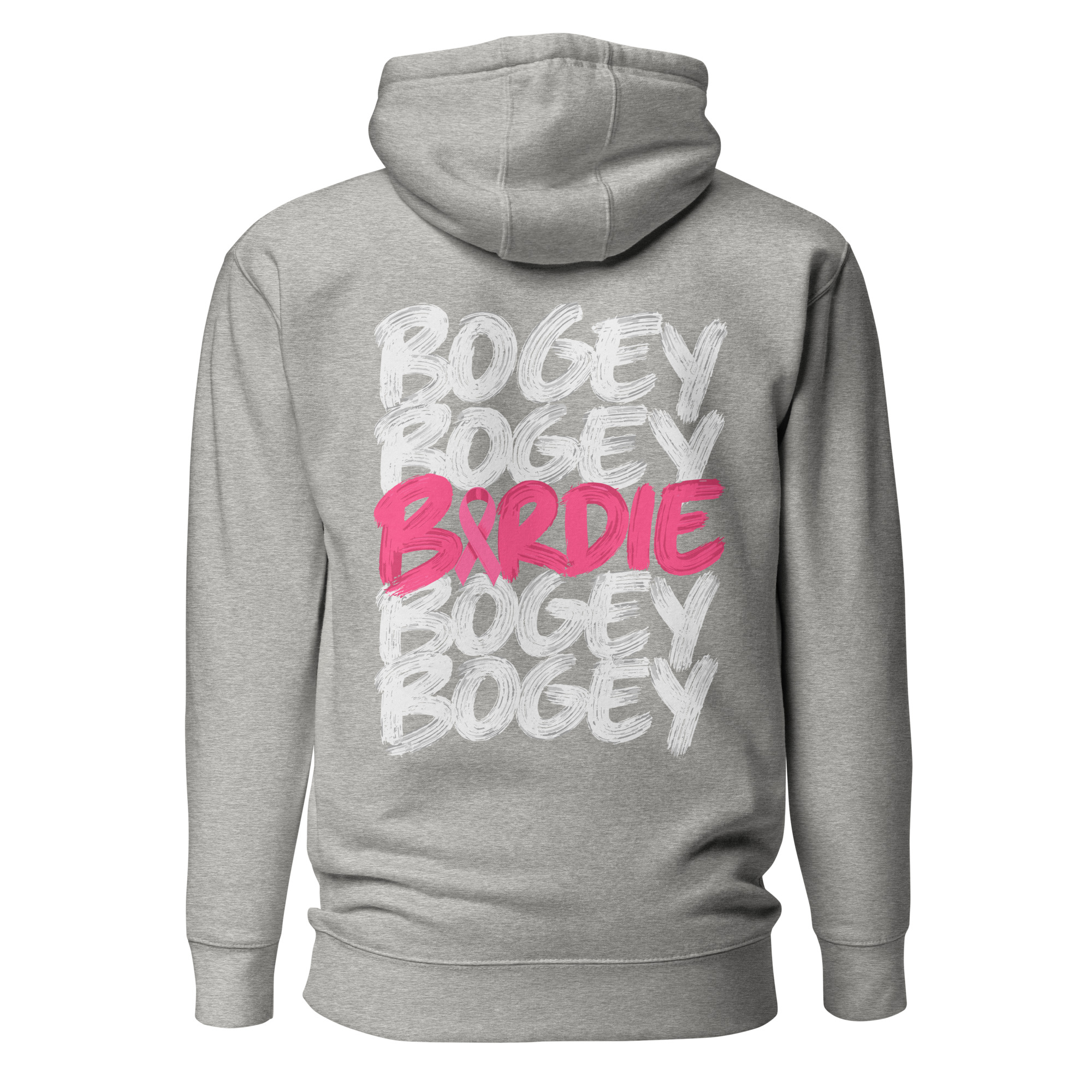 Dos du hoodie gris carbone Octobre Rose, lettrage Bogey Bogey Birdie et ruban rose