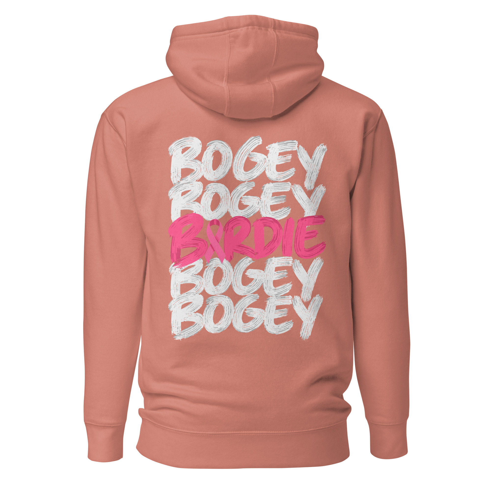 Dos du hoodie vieux rose Octobre Rose, lettrage Bogey Bogey Birdie et ruban rose