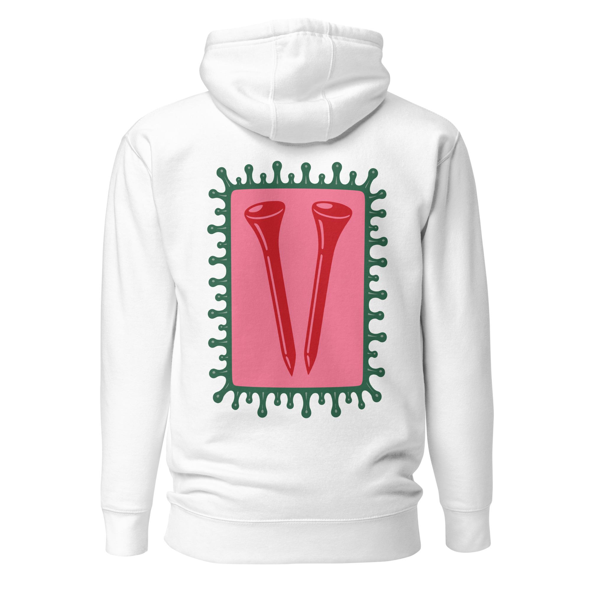 Hoodie blanc Octobre Rose Golf Ruban Rose UP Golf Society, vue de dos, impression tees de golf