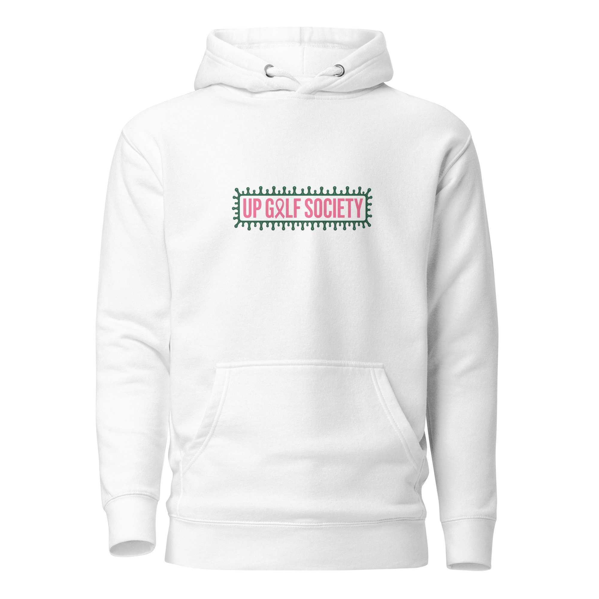Hoodie blanc Octobre Rose Golf Ruban Rose UP Golf Society, vue de face