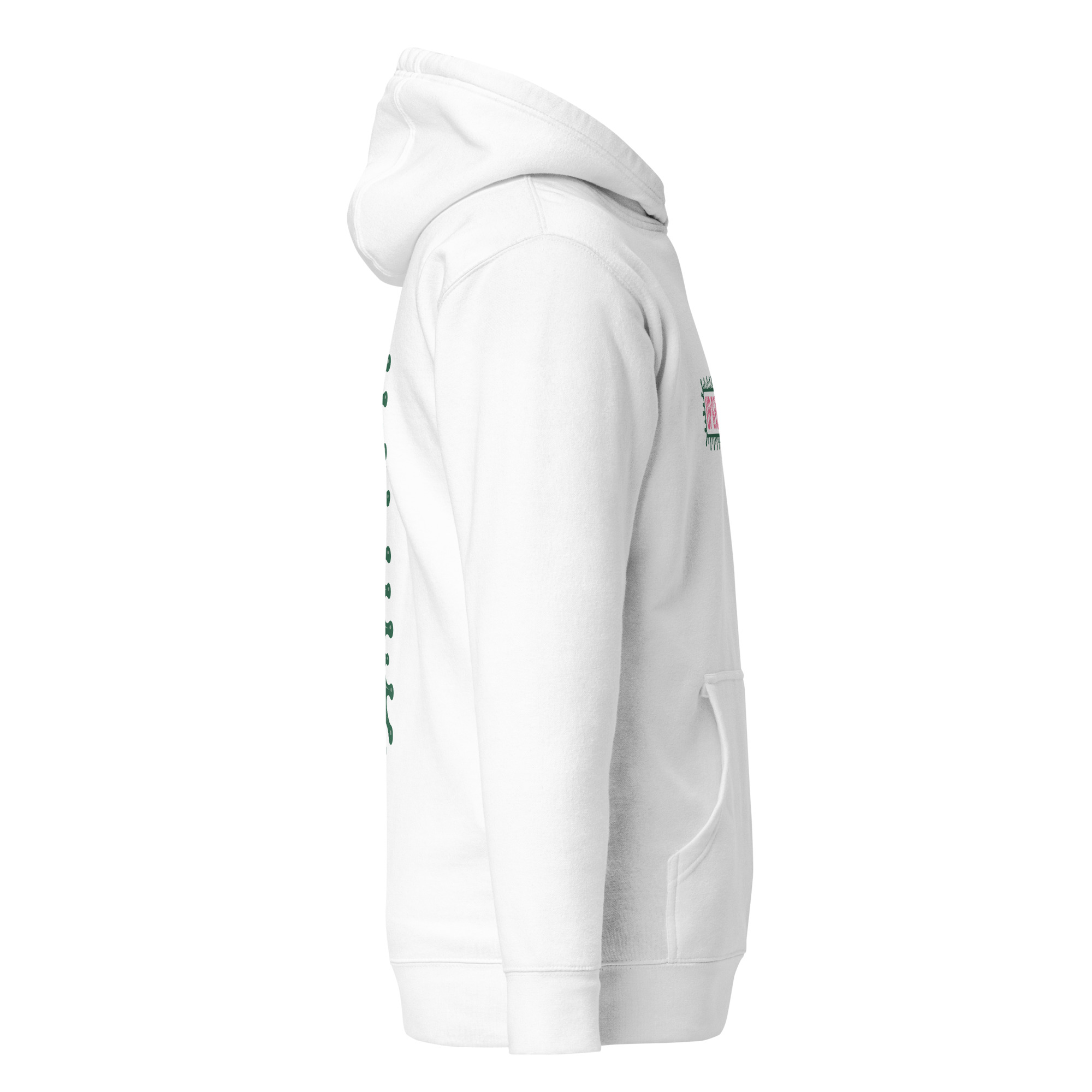 Hoodie blanc Octobre Rose Golf Ruban Rose UP Golf Society, vue de profil droit