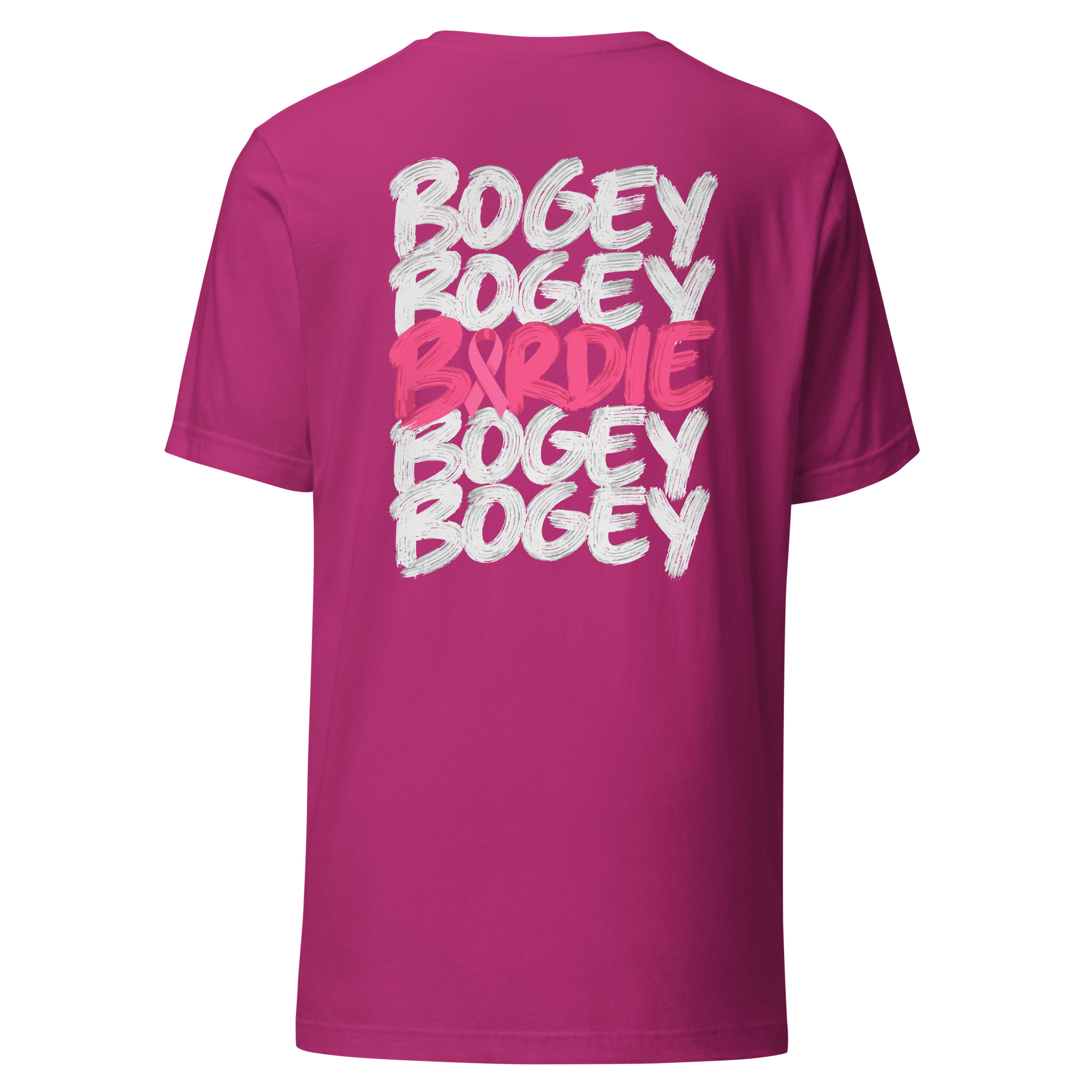 T-shirt golf Octobre Rose framboise Bogey Bogey Birdie UP Golf Society, vue de dos, motif Bogey Bogey Birdie