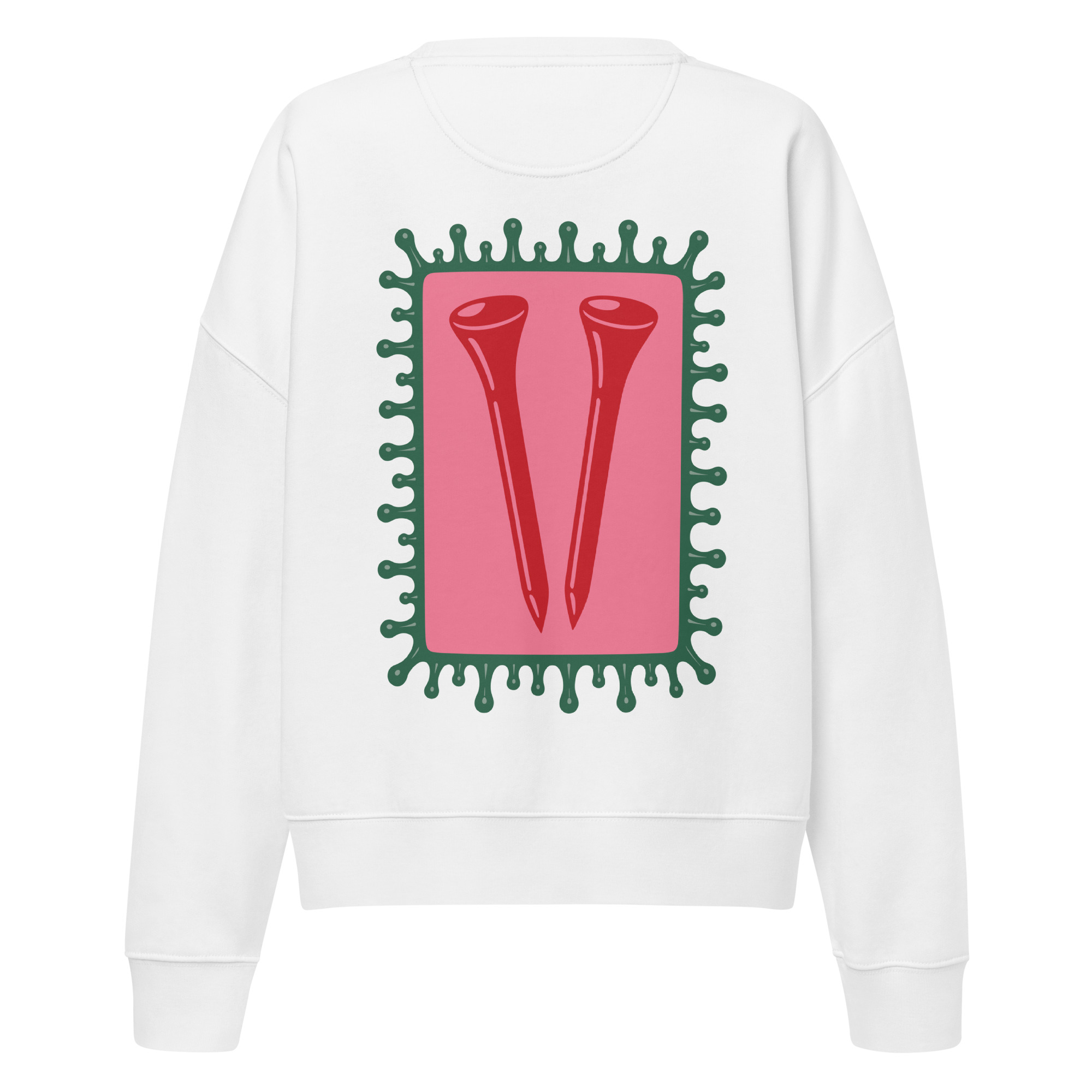 Sweat blanc Octobre Rose Golf Ruban Rose UP Golf Society, vue de dos, impression tees de golf