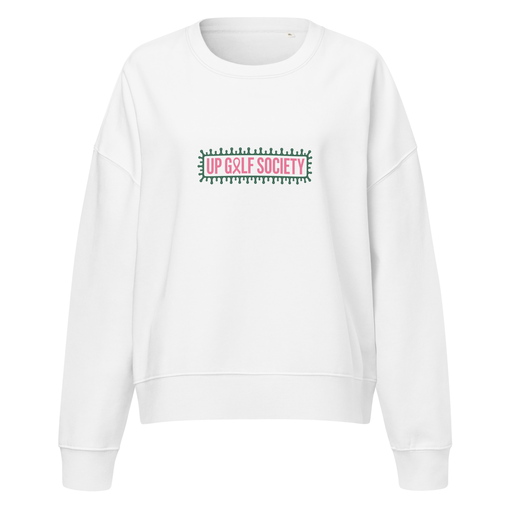 Sweat blanc Octobre Rose Golf Ruban Rose UP Golf Society, vue de face