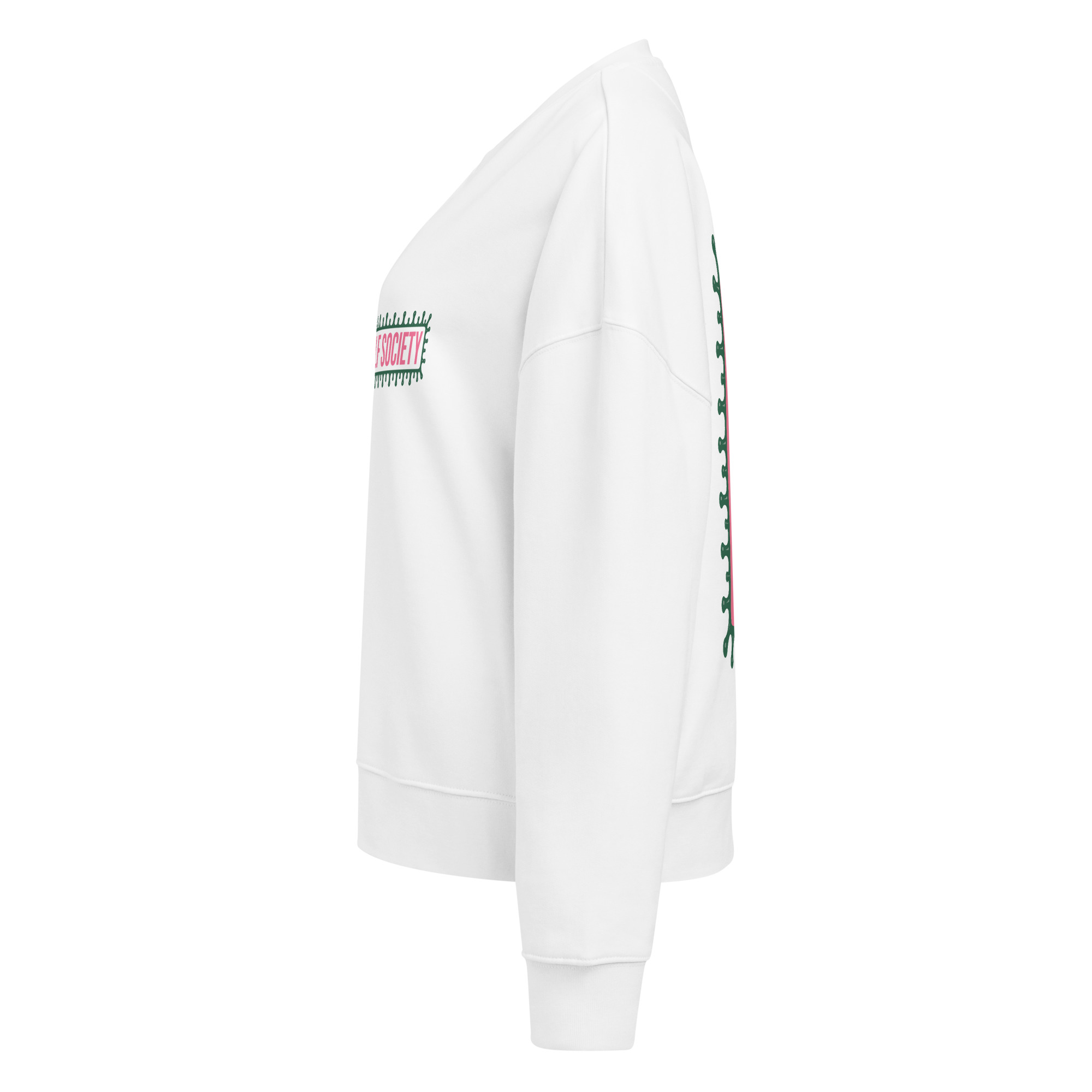 Sweat blanc Octobre Rose Golf Ruban Rose UP Golf Society, vue de profil gauche