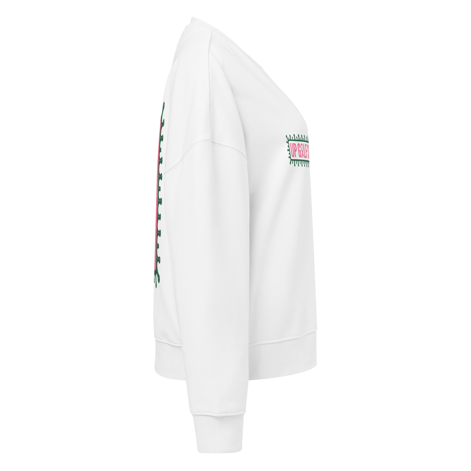 Sweat blanc Octobre Rose Golf Ruban Rose UP Golf Society, vue de profil droit